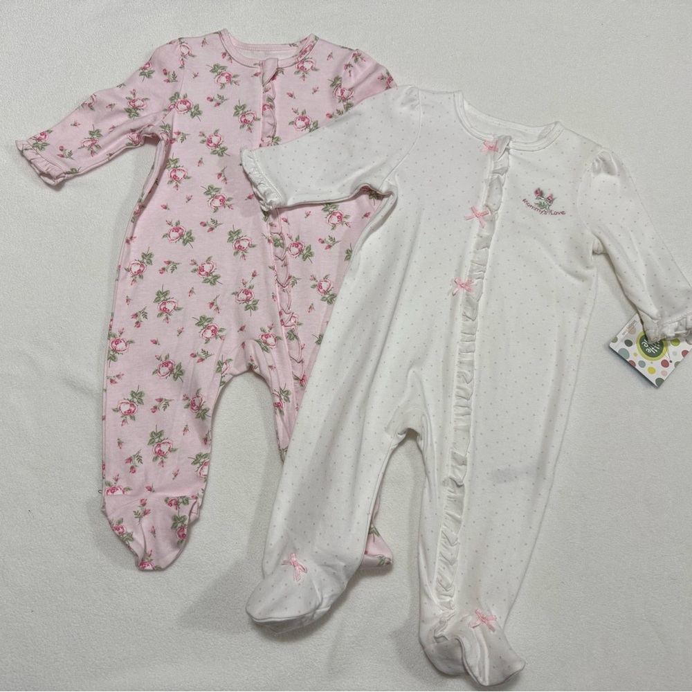 Little Me 6M Infant Girl Set of 2 White and Pink Baby One Piece Footed Sleepers